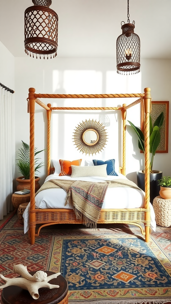 A bohemian coastal bedroom featuring a wooden canopy bed, vibrant pillows, and Moroccan-inspired decor.