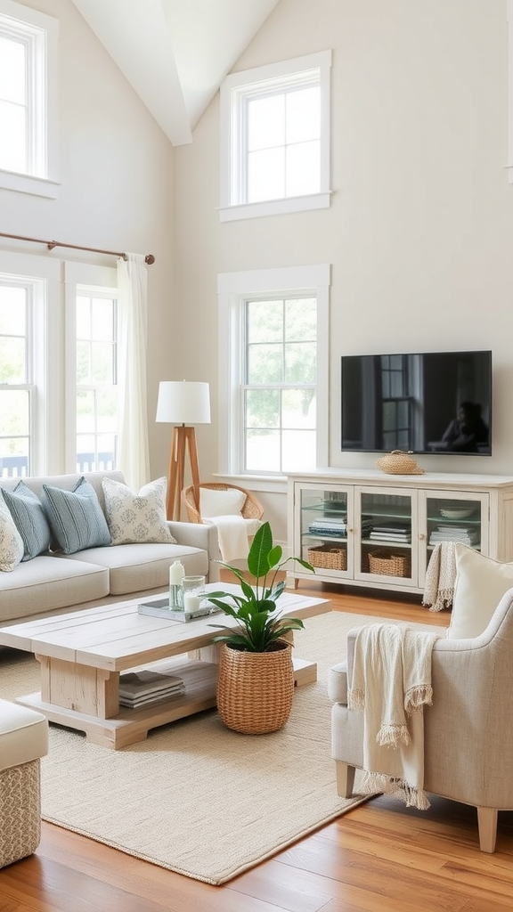 A bright and airy neutral coastal living room with large windows, comfortable furniture, and natural decor elements.