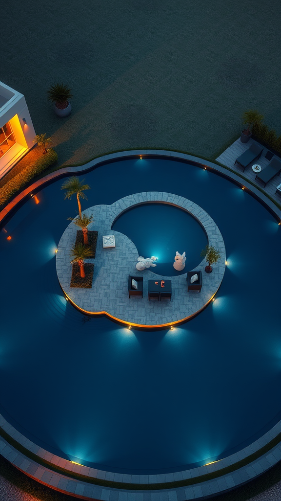 An aerial view of a circular pool featuring a center island with seating and decorations, illuminated at night.