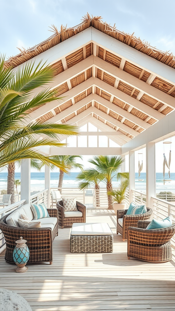 A beautifully designed coastal beachside patio with a thatched roof, comfortable seating, and palm trees.