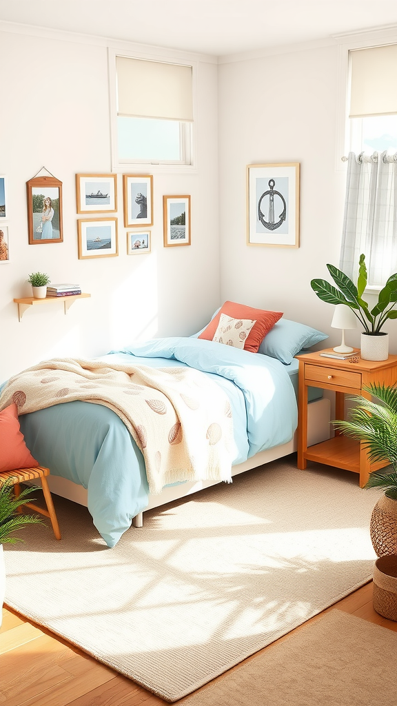 Cozy coastal dorm room with light blue bedding, shell throw blanket, wall art, plants, and natural light.