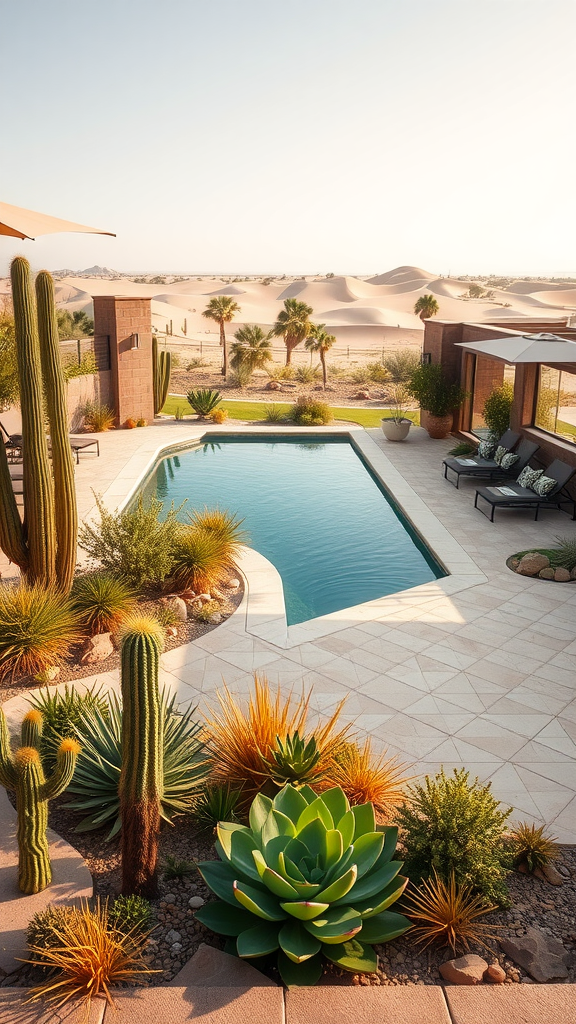 A serene desert pool area with cacti and succulents, surrounded by sand dunes.