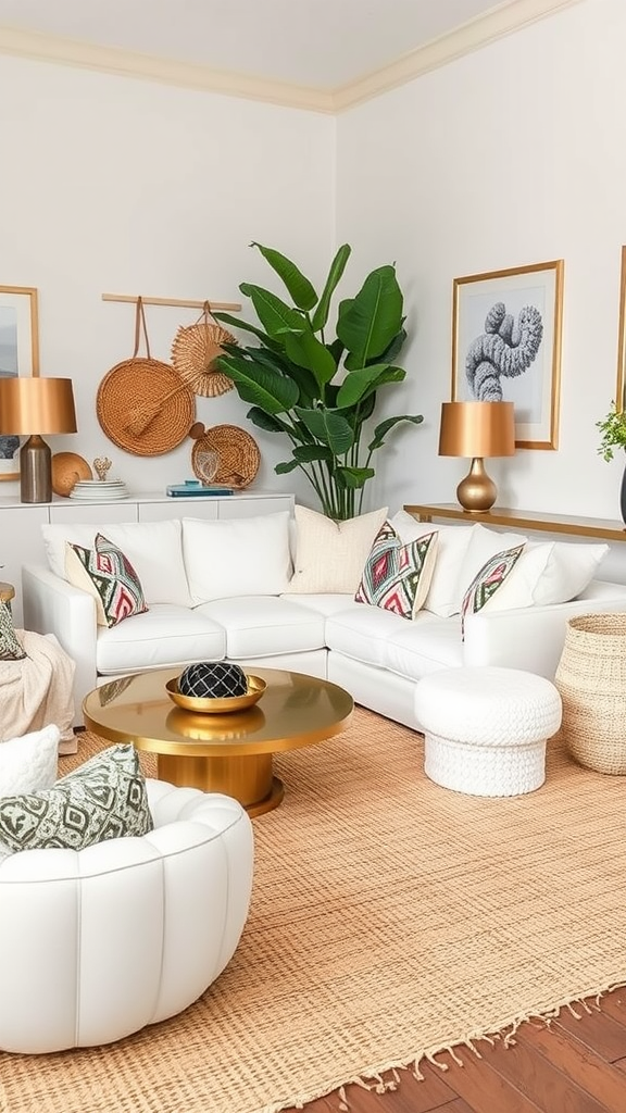 A stylish boho coastal living room featuring a white sectional sofa, colorful throw pillows, a metallic coffee table, and woven decor.