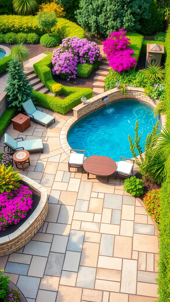 A beautifully designed garden retreat pool deck featuring vibrant flowers, a blue pool, and cozy seating.