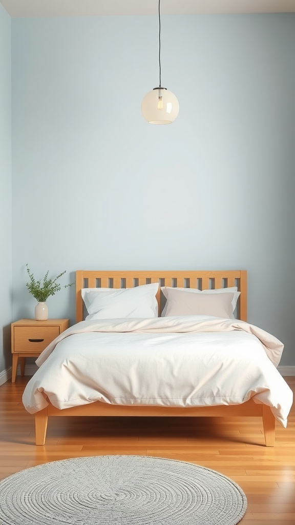 A Japandi bedroom featuring soft blue walls, a wooden bed frame, neutral bedding, and a round woven rug.