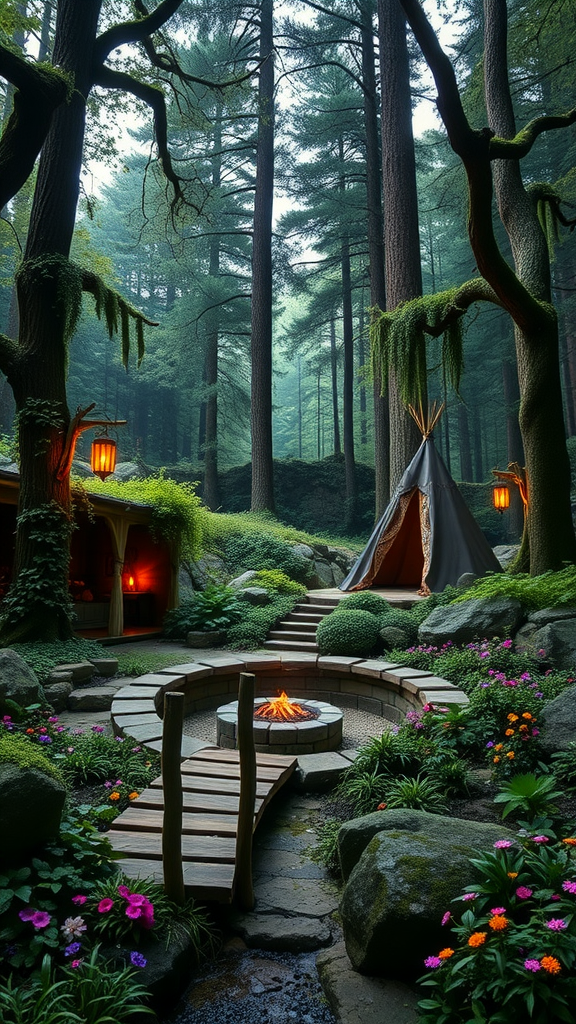 A serene forest garden featuring a teepee, a fire pit, a wooden bridge, and colorful flowers.