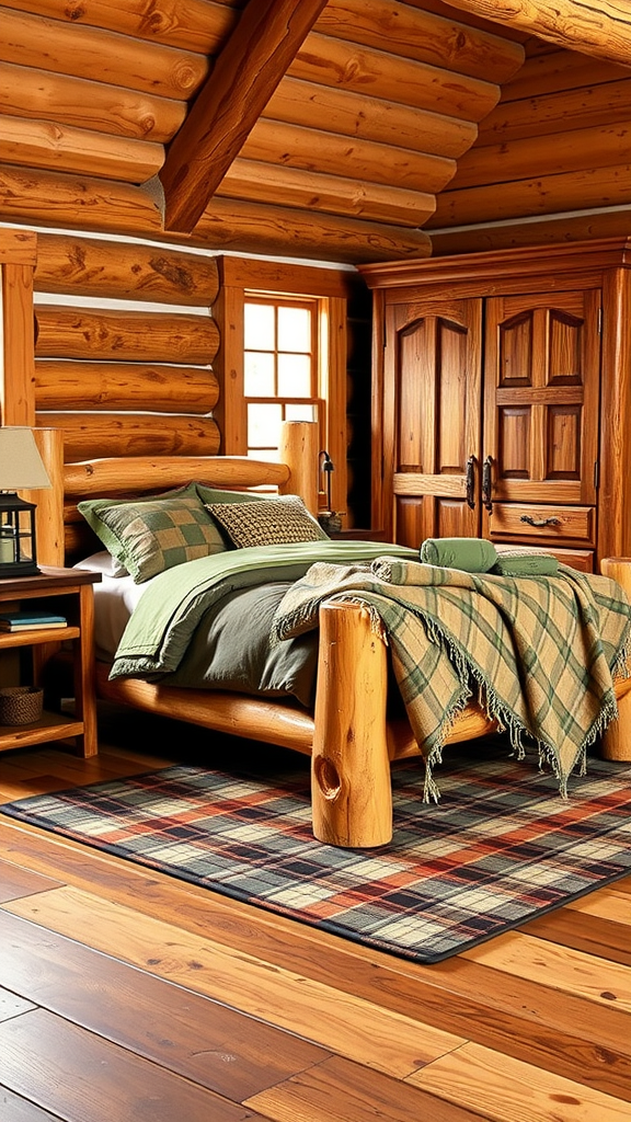 A rustic cabin bedroom featuring a log bed, plaid bedding, wooden walls, and warm lighting.