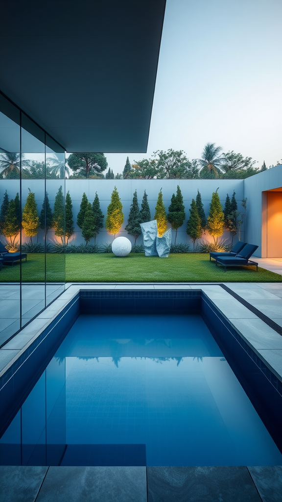 Small modern pool with a glass wall, surrounded by greenery and decorative sculptures.