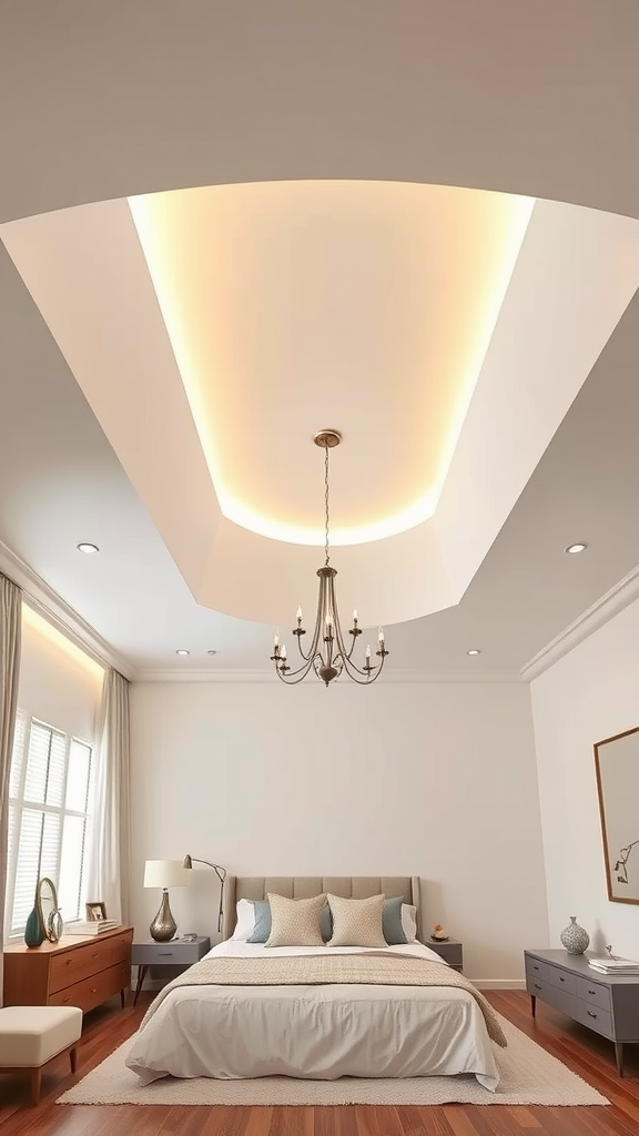 Bedroom with sunken center ceiling design featuring soft LED lighting and elegant chandelier