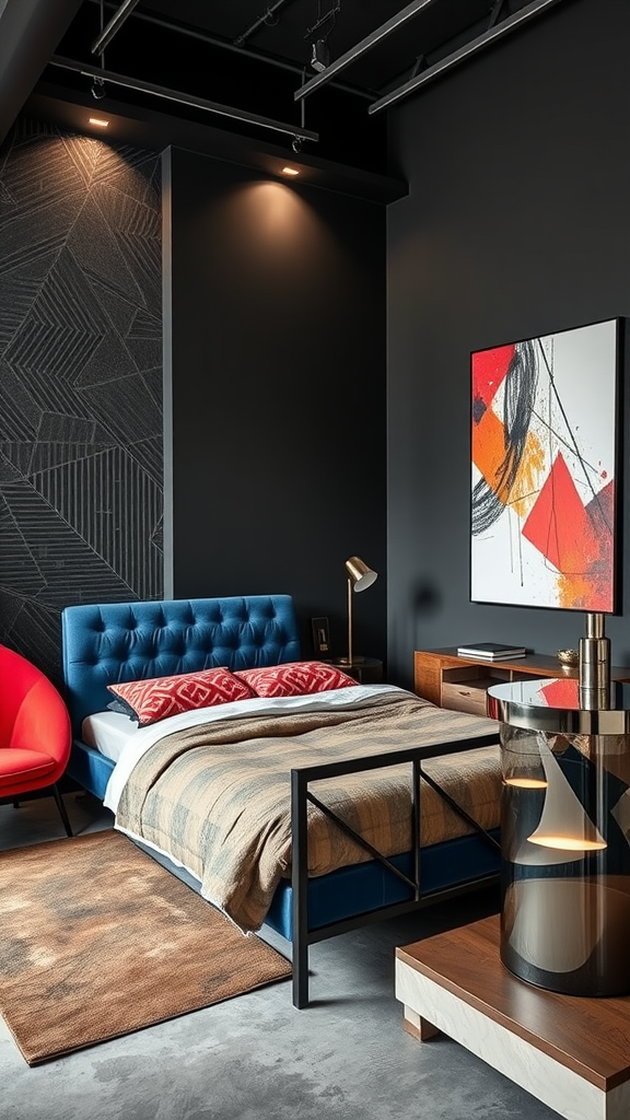 A modern bedroom featuring a blue bed, red accents, dark walls, and geometric patterns.