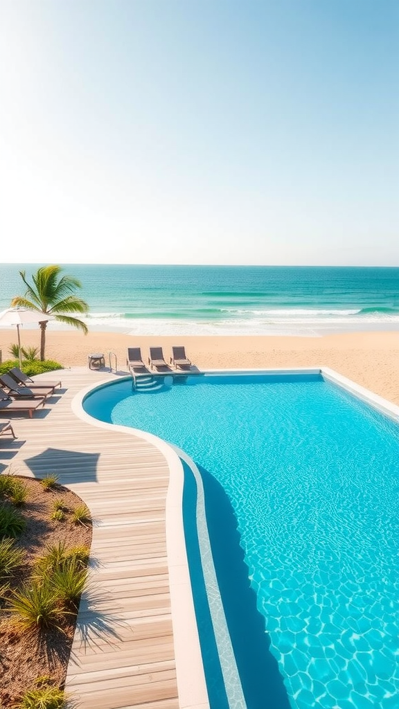 A beautiful beachfront pool with clear water, surrounded by lounge chairs and a palm tree.