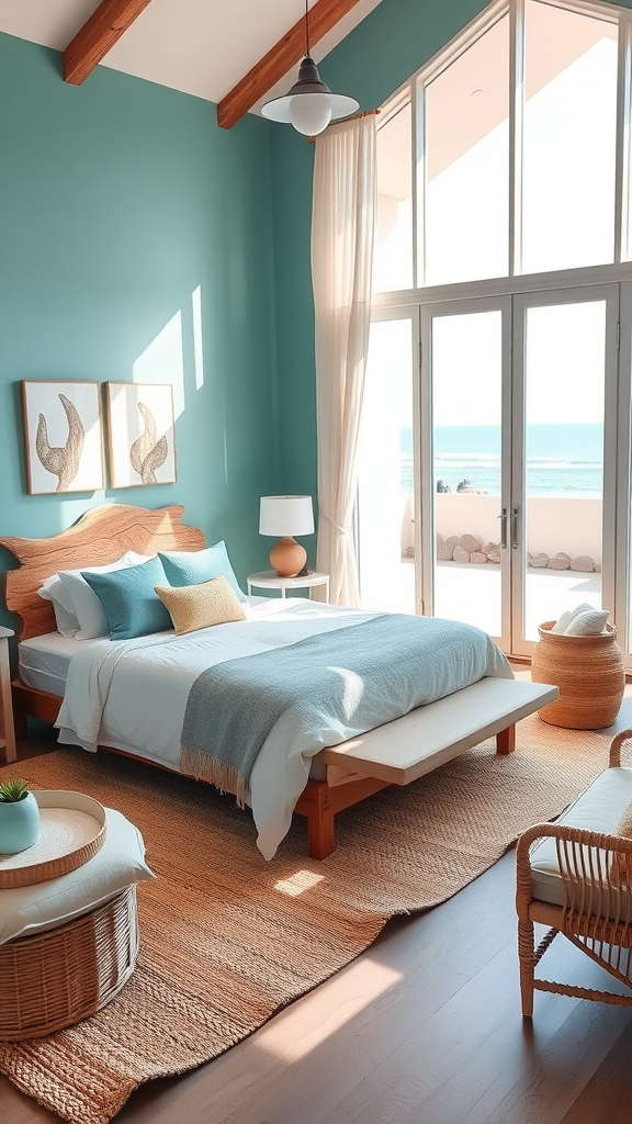 A boho coastal bedroom featuring a blue wall, wooden furniture, and ocean views from large windows.