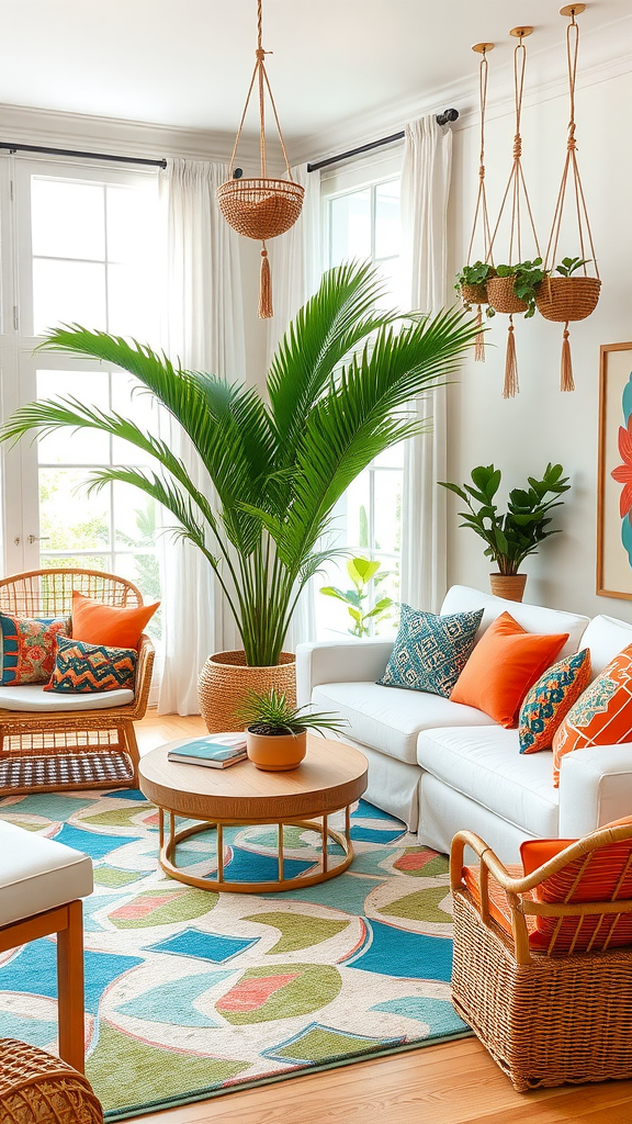 A bright and colorful coastal boho living room with a white couch, rattan chairs, vibrant pillows, and tropical plants.