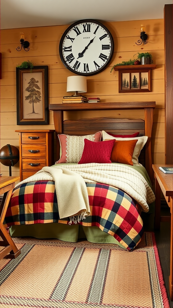 Cozy rustic dorm room with wooden walls, plaid bedding, and warm lighting.