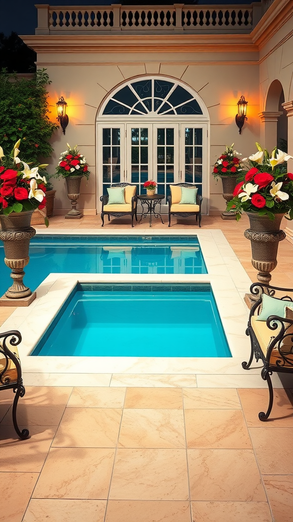 A classic pool deck featuring a blue pool, elegant seating, and vibrant flower arrangements.