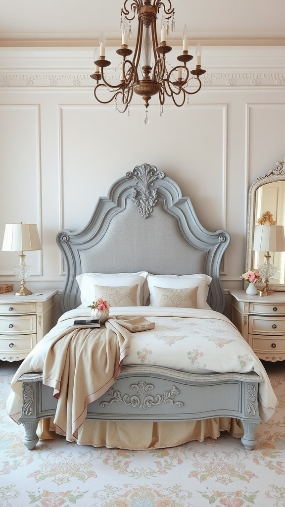 French Provincial bedroom with ornate chandelier, detailed headboard, and soft bedding.