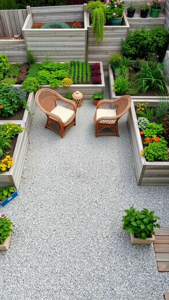 Gravel patio with raised garden beds and two chairs