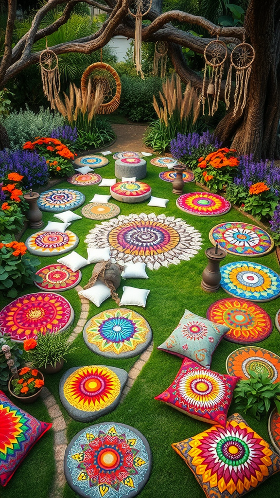 A colorful hippie garden featuring a mandala pathway made of painted stones, surrounded by cushions and green plants.