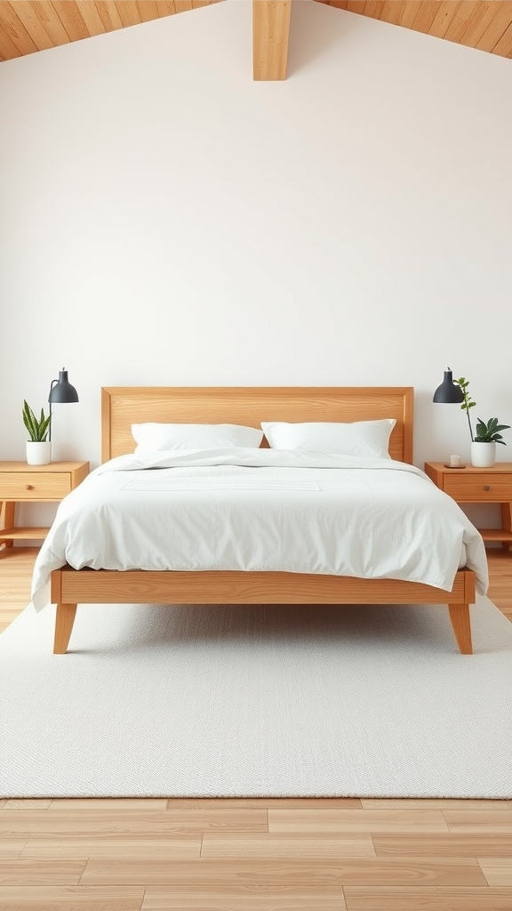 A minimalist Japandi bedroom featuring natural wood furniture and white accents, including a wooden bed frame, nightstands, and soft bedding.