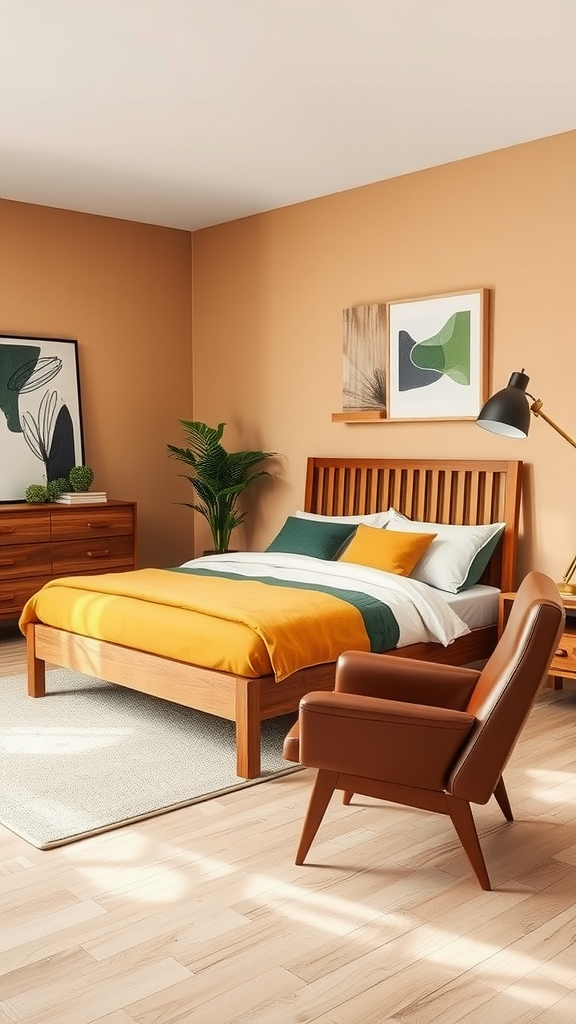 A modern bedroom featuring a wooden bed with colorful bedding, a brown armchair, and abstract wall art.