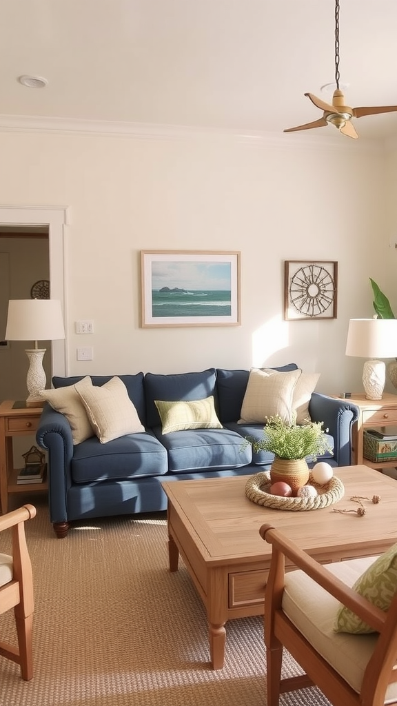 Neutral coastal living room with blue sofa, light walls, and natural decor