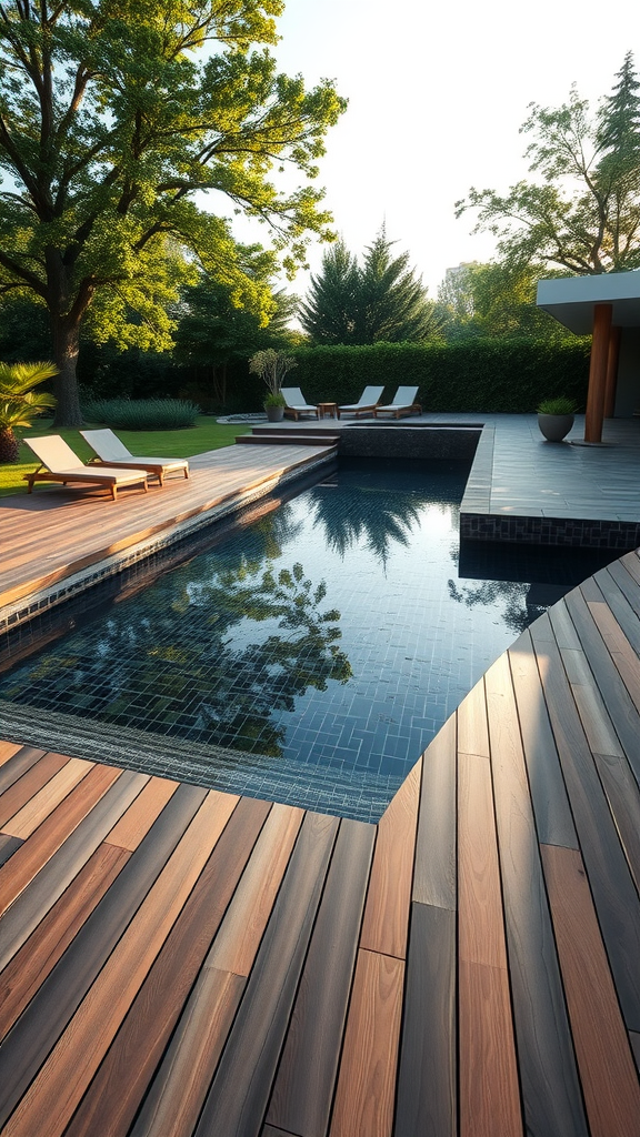 A modern pool with a wooden slat deck surrounded by greenery and lounge chairs.