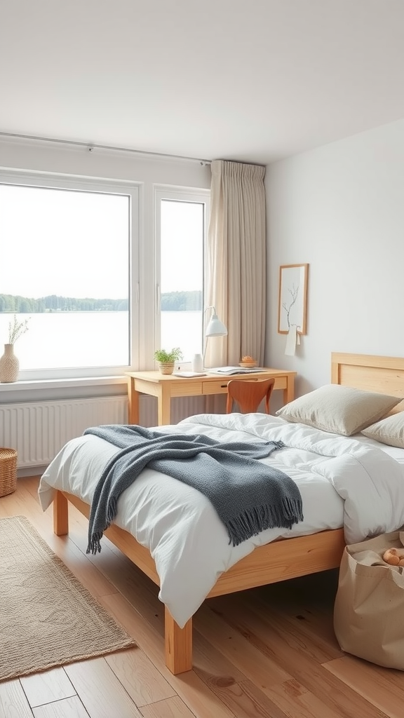 A cozy Scandinavian-inspired bedroom with large windows overlooking a lake, featuring wooden furniture and neutral decor.