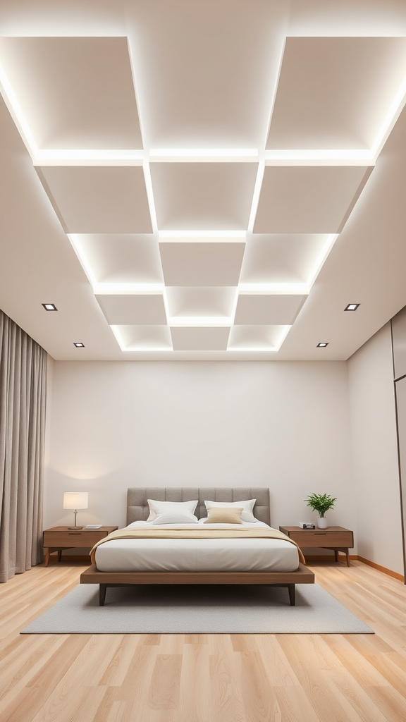 A bedroom featuring a simple floating square ceiling design with soft lighting.