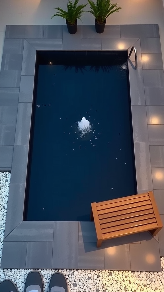 A small pool with a water fountain, surrounded by gray tiles and potted plants.