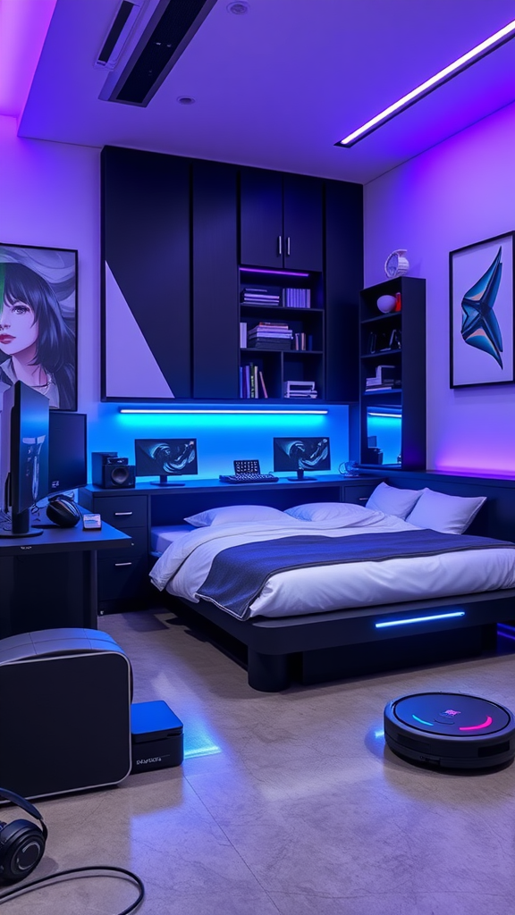 A modern tech-savvy dorm room featuring LED lighting, multiple screens, and a sleek design.