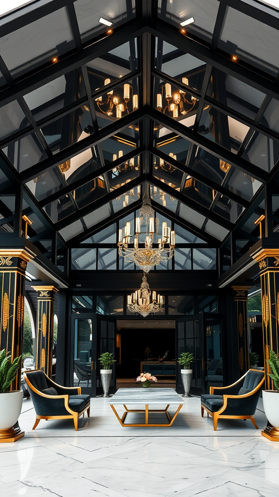 Art Deco patio roof extension with glass ceiling, elegant chandelier, and stylish seating