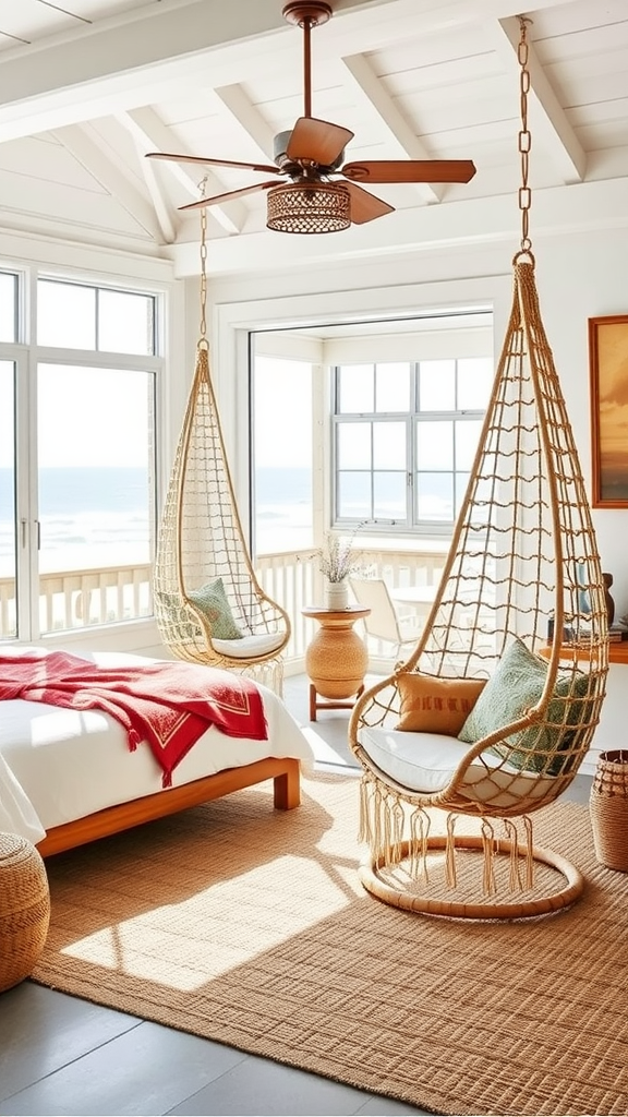 Stylish boho coastal bedroom featuring hanging chairs, bright cushions, and a spacious view of the ocean.