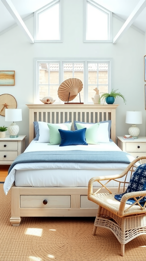 A bright and airy coastal beach house bedroom featuring a light wooden bed, colorful pillows, and large windows.