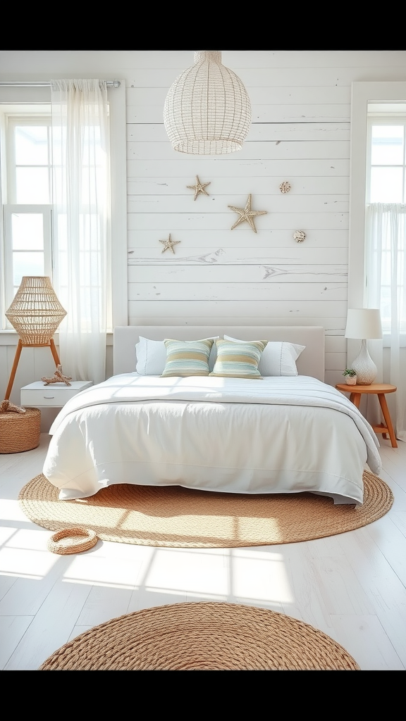 A beautifully designed coastal bedroom with white walls, natural textures, and beach-themed decor.