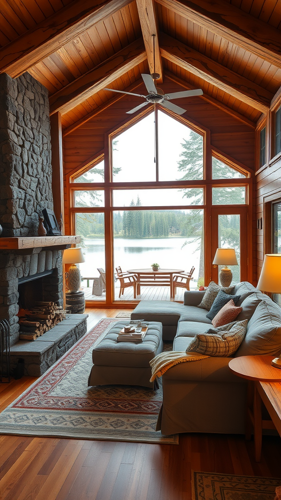 Cozy cabin living room with large windows overlooking the lake, featuring a stone fireplace and comfortable seating.