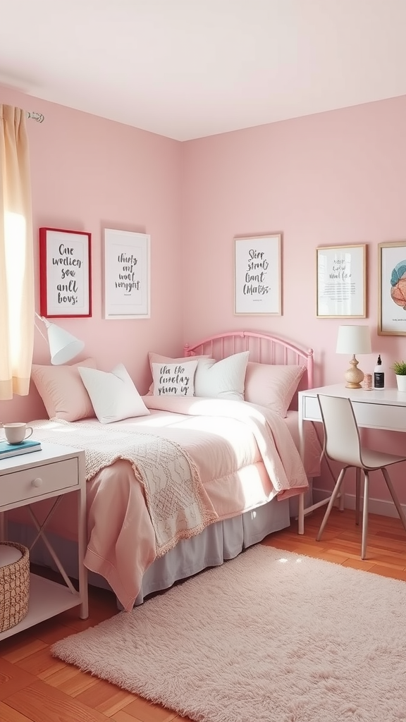 A cozy dorm room featuring soft pink walls, a neatly made bed with pink bedding, framed inspirational quotes on the wall, a desk with a lamp, and a fluffy rug.