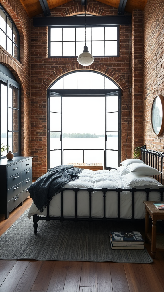 A beautifully designed industrial chic bedroom with exposed brick walls, large windows, and a cozy bed.