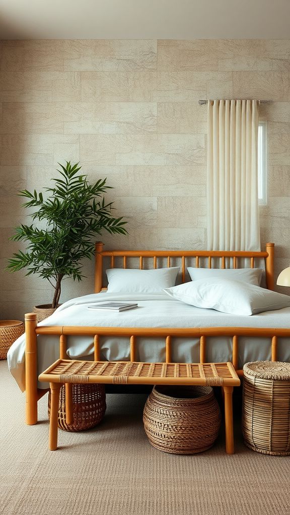 A Japandi bedroom featuring a bamboo bed frame, light bedding, rattan bench, and woven baskets, complemented by a leafy plant.