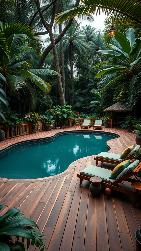 A serene jungle-inspired pool deck with wooden flooring, a blue pool surrounded by lush greenery and comfortable loungers.