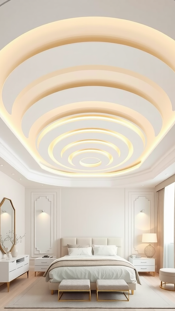 A beautifully designed layered curved ceiling in a modern bedroom with warm lighting.