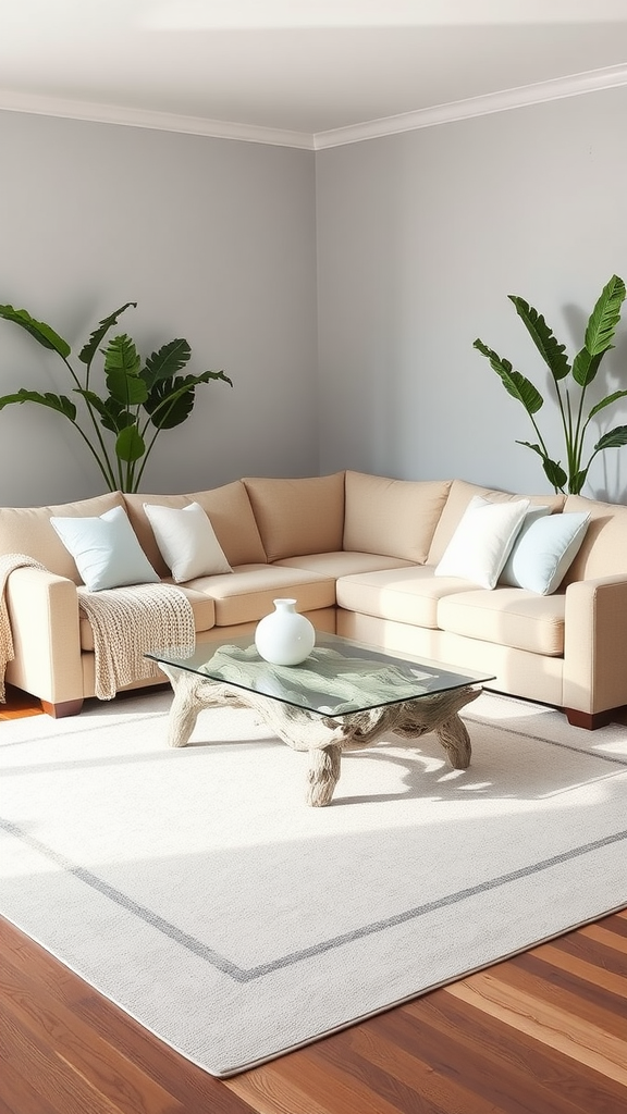 A cozy coastal living room with a beige sectional sofa, glass coffee table, and green plants.