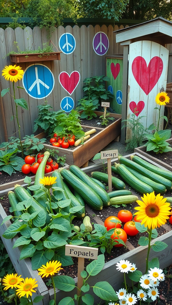 A colorful vegetable garden with a peace sign and heart decorations, filled with various plants and flowers.