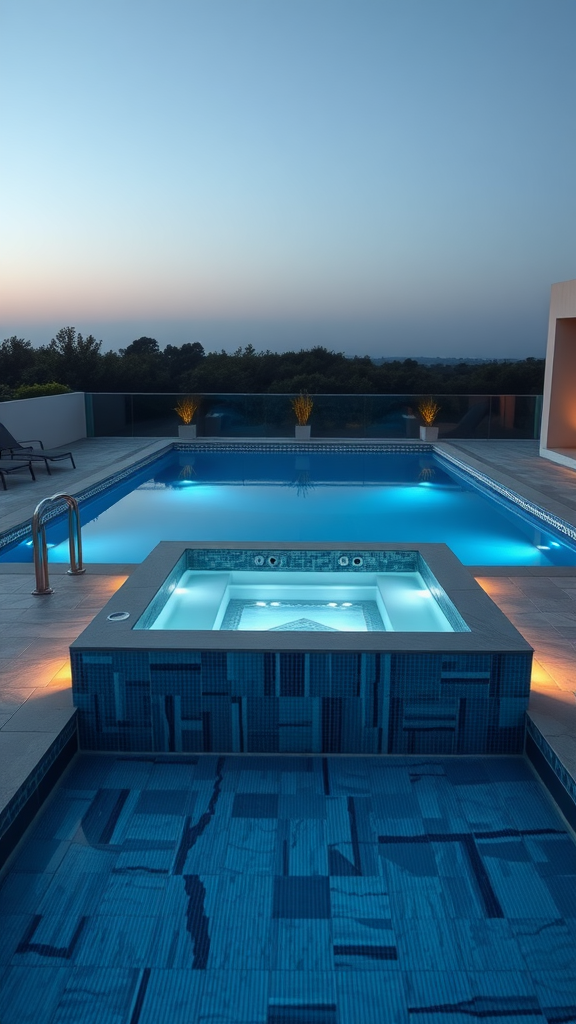 Modern pool design with a built-in hot tub at sunset