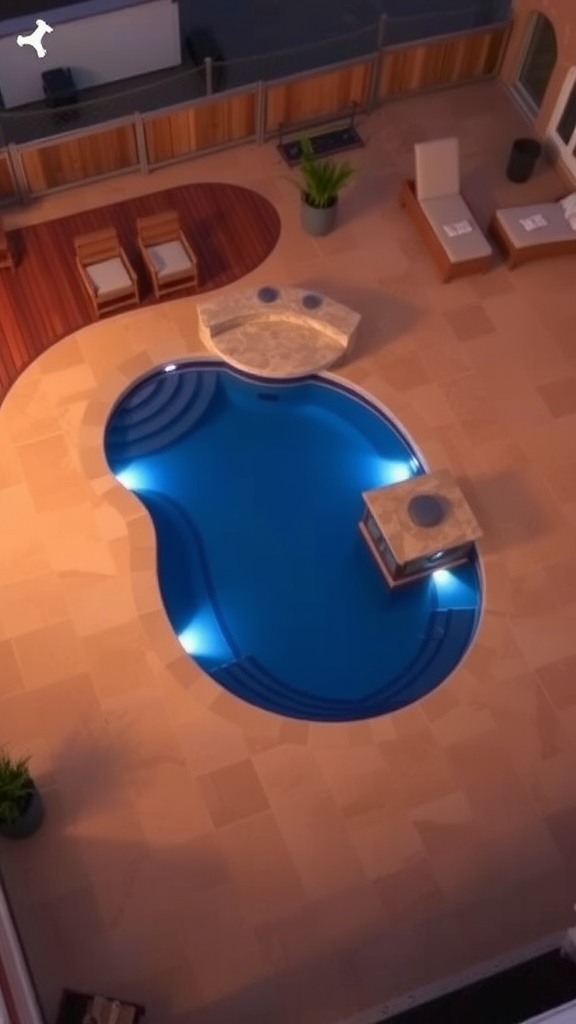 Small pool with a swim-up bar and stylish lighting