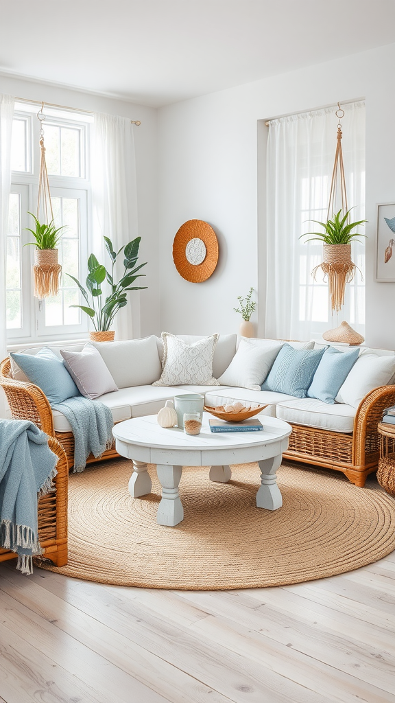 A soft boho coastal living room featuring light pastel accents, a cozy sectional sofa, and natural decor.