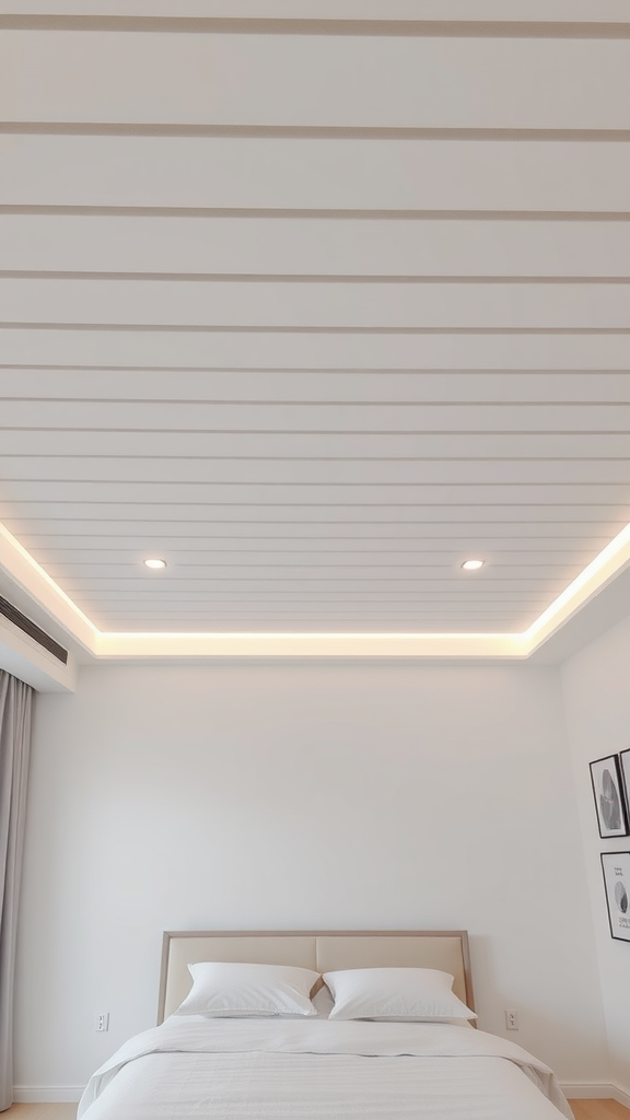 A modern bedroom featuring a clean linear ceiling design with recessed lighting.