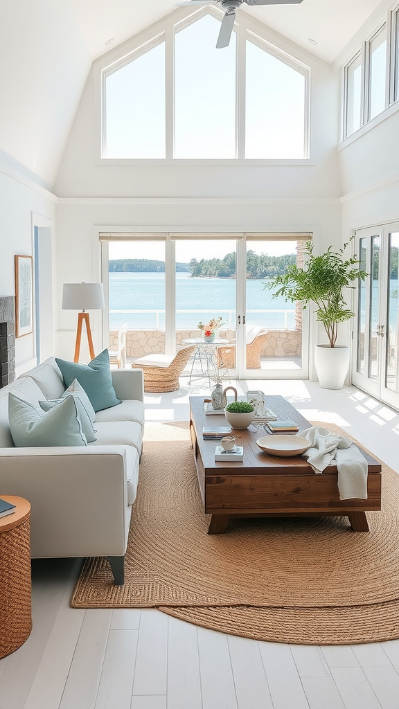 A contemporary coastal living room with large windows overlooking a lake, featuring a white sofa, wooden coffee table, and natural decor.