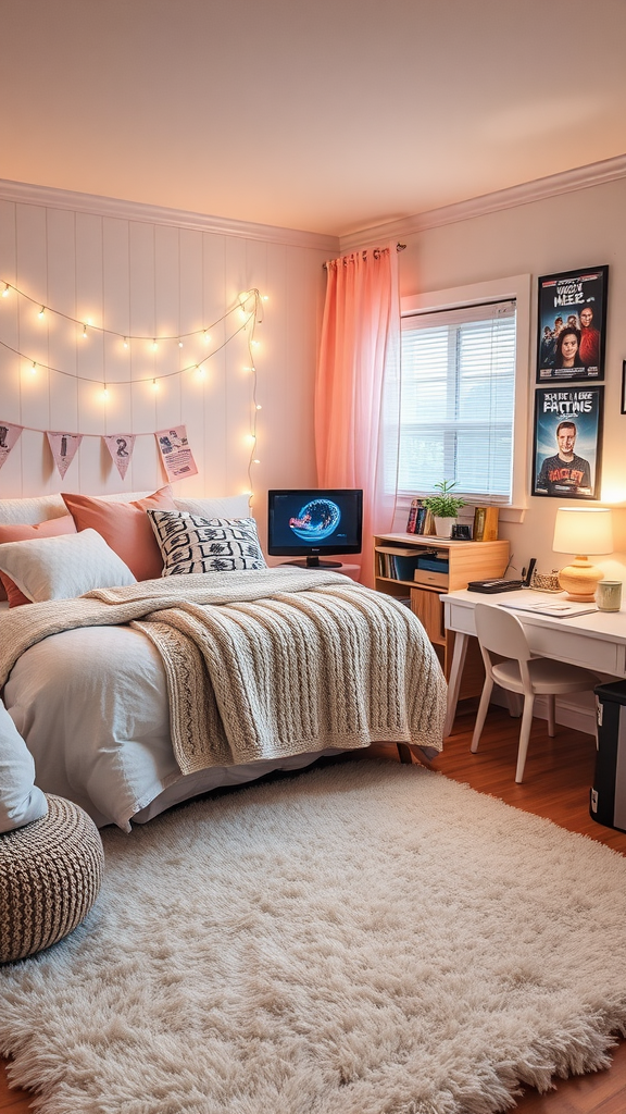 A cozy dorm room featuring a bed with soft blankets, fairy lights on the wall, a TV, and a desk for studying.