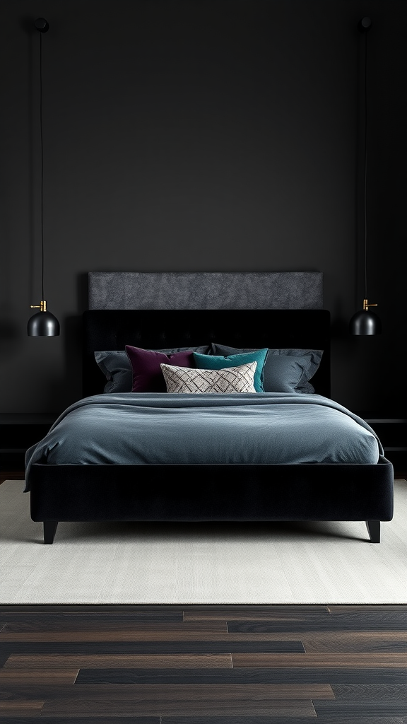 A modern dark bedroom featuring a black bed, colorful pillows, and pendant lights.