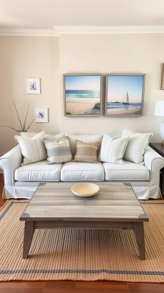 Coastal living room with a white sofa, neutral cushions, a rustic coffee table, and beach-themed artwork.